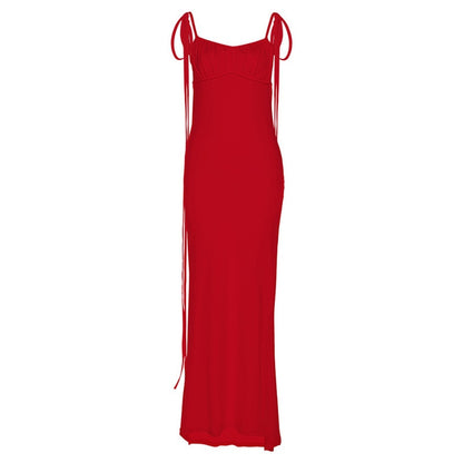 maoxiangshop Backless Maxi Dress Elegant Red Long Sleeve Sexy Ruched Bodyocn Evening Party Dress for Women Spring Slim Christmas Outfits