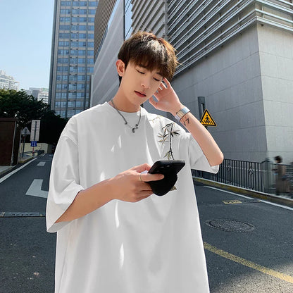maoxiangshop Bamboo Embroidered T Shirt Men Harajuku Streetwear T-Shirts Summer Short Sleeve Black White Loose Casual Tshirt Tees Top