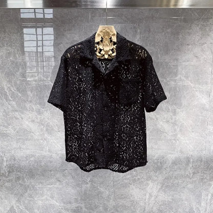 maoxiangshop Summer Mens Hollow Out Crochet Beach Shirt Short Sleeve Single Breasted Loose Fit Tops Vintage Breathable Night Clubwear Shirts