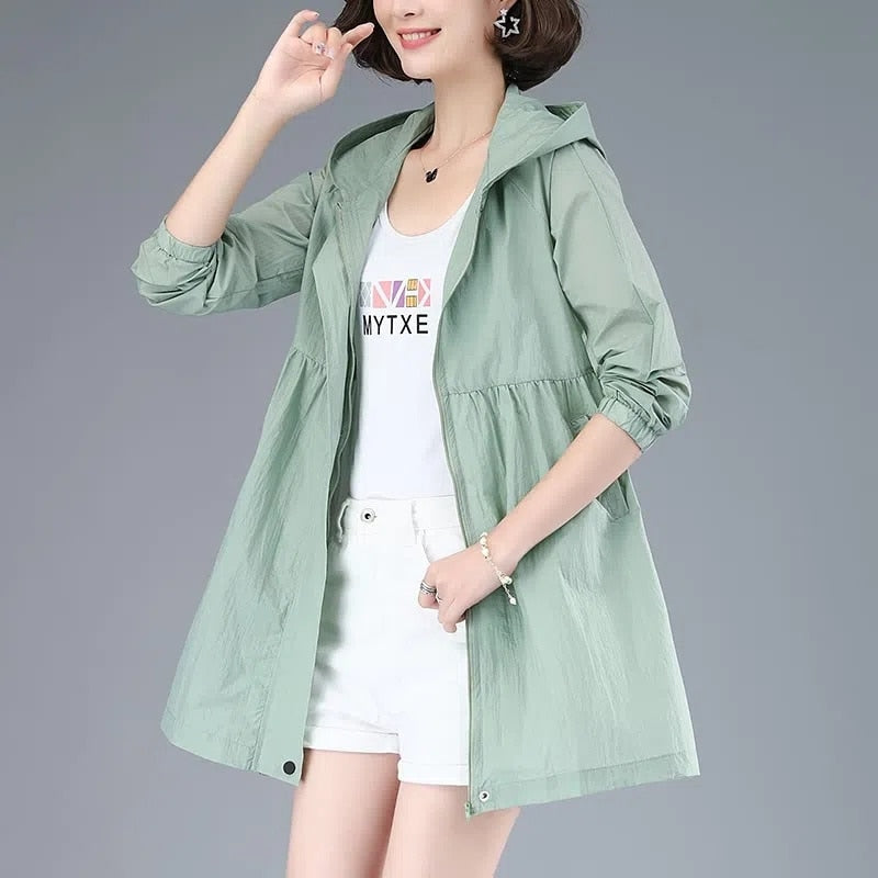 maoxiangshop New Summer Medium Long Sun Protection Clothing Female Thin Jacket Loose Hooded  Coat Sun Protection Windbreaker Women