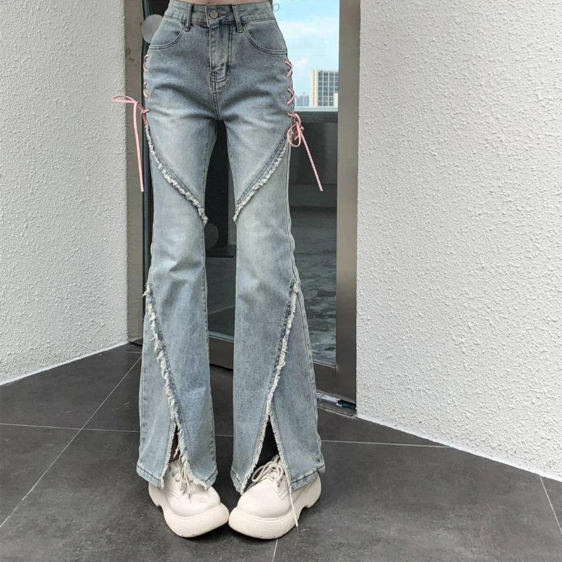 maoxiangshop American Split Jeans Women Pink Bandage High Waist Irregular Spliced Denim Pants Zipper Fly Trousers Y2k Pantalon Femme