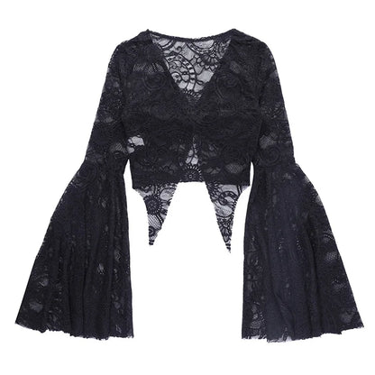 maoxiangshop Dark Lace See Through Mall Gothic Women T-shirts Emo Sexy Grunge Aesthetic Flare Sleeve Crop Tops Y2k Black V-neck Alt Tees
