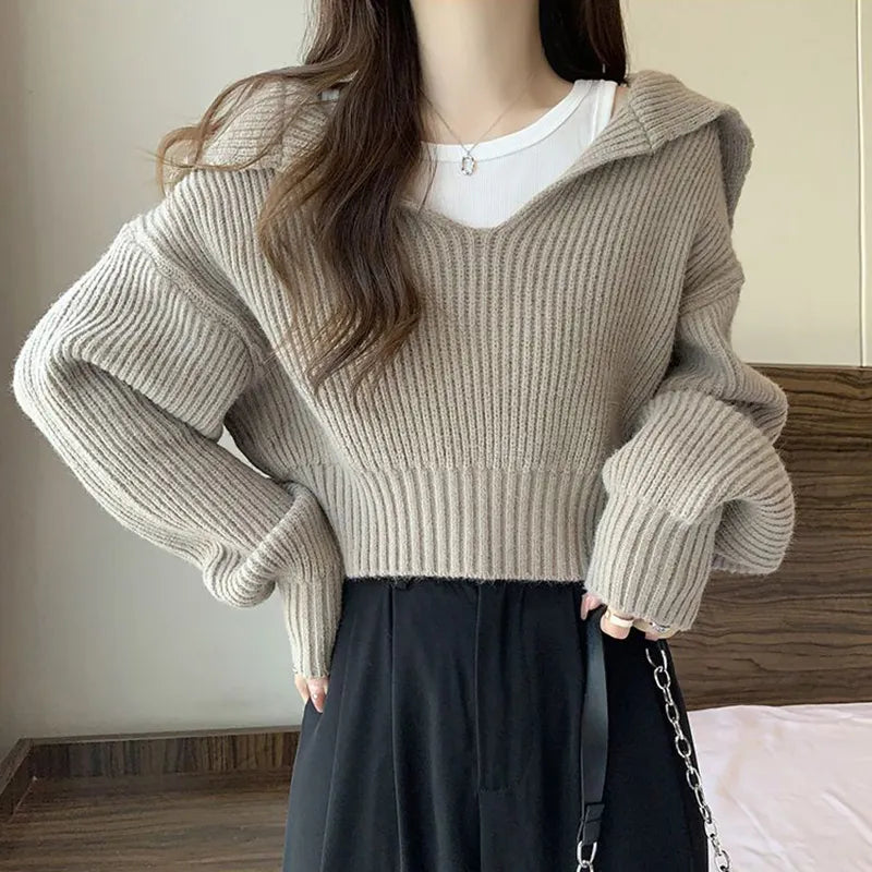 maoxiangshop Rimocy Long Sleeve Cropped Sweater Women Autumn Winter Turn Down Collar Knitted Jumper Woman Korean Style Solid Color Jerseys