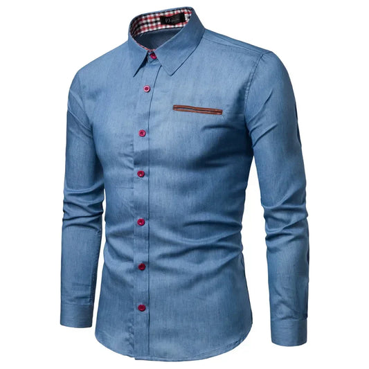 maoxiangshop Autumn Men's Pocket Panel Leather Long Sleeve Shirt Anti Denim Versatile Slim Fit Shirt