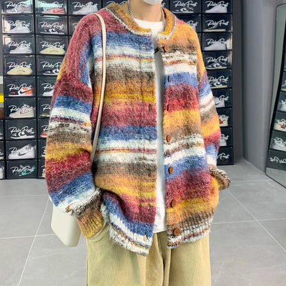 maoxiangshop Striped Cardigan Sweater Men Korean Knitted Sweater Pullover Harajuku Hip Hop Streetwear Loose Knitwear Coat Male Clothes