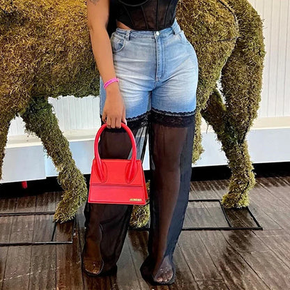 maoxiangshop  -  Mesh Patchwork Baggy Jeans Women Fashion High Waist Loose Straight Trousers Casual Streetwear Spring Autumn Denim Pants