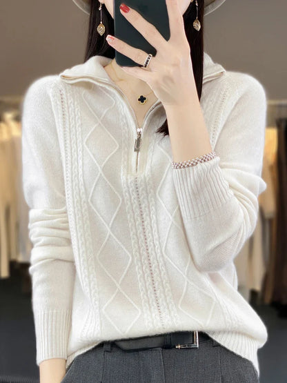 maoxiangshop 100% Merino Wool Women's Turtleneck Sweater Autumn Winter Casual Knit Loose Top Fashion Zipper Half Open Neck Cashmere Pullover