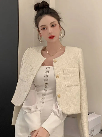 French Chic Small Fragrance Coat Women Autumn Winter Korean Fashion Casual Slim Tweed Jacket Female Woolen Short Outerwear Top