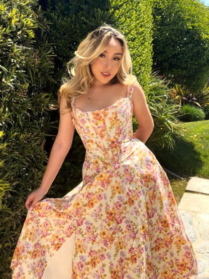 Summer Pink Floral Print Corset Dress Midi Elegant Sexy Party Dresses Holiday Birthday Casual A Line Women Clothing