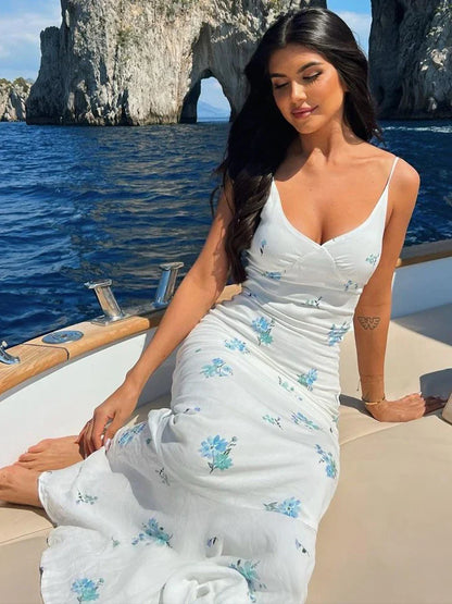 Women Elegant Floral Print Slip Sleeveless Backless Slim Sexy Maxi Prom Dress Summer Clothes Y2K Party Vacation