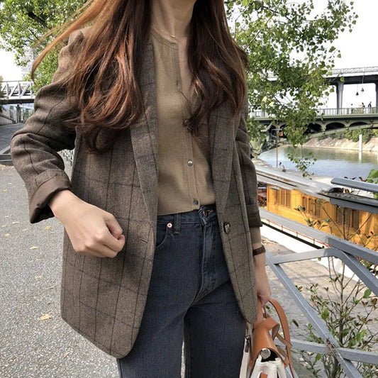 maoxiangshop Women's Plaid Brown Blazer Coat Elegant Female Autumn Business Style Outfits Polyester Spring Jacket Tops Korean Overcoat