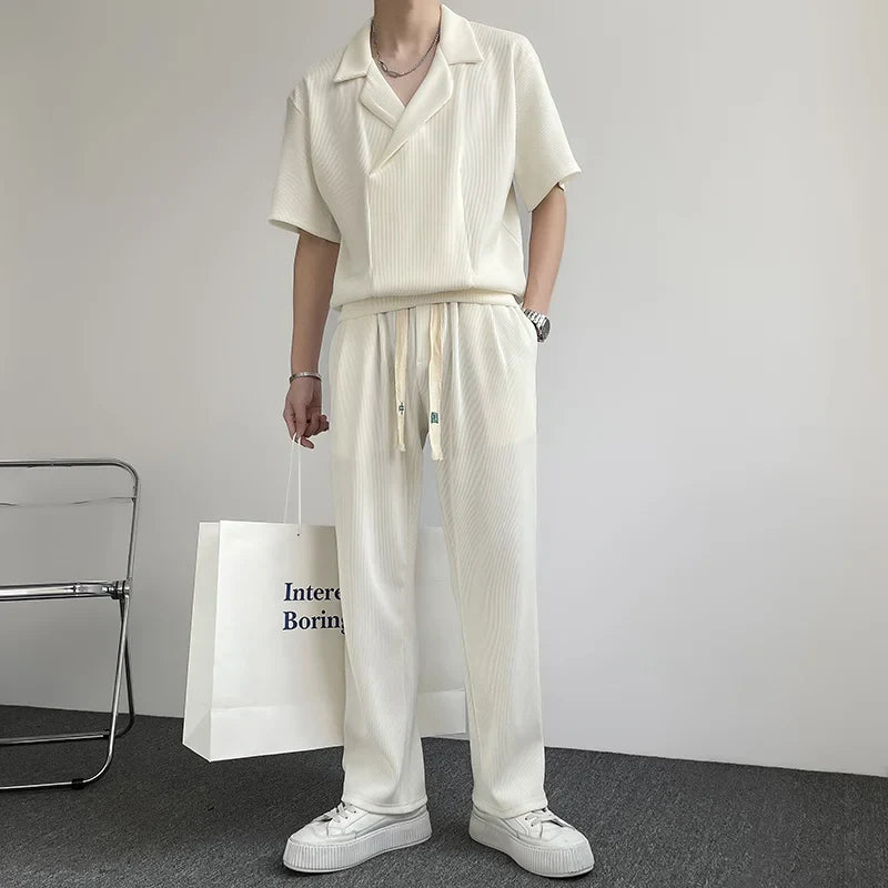 maoxiangshop Summer Pleated Sets Men Fashion Casual Short Sleeved T shirt/Trousers Two-piece Mens Korean Loose Ice Silk Sets Men 3-color