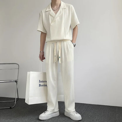 maoxiangshop Summer Pleated Sets Men Fashion Casual Short Sleeved T shirt/Trousers Two-piece Mens Korean Loose Ice Silk Sets Men 3-color