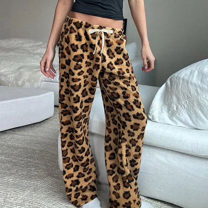 maoxiangshop  -  American Retro Leopard Print Plush Casual Pants Women Autumn Winter Streetwear Hot Girls Loose Warm Harajuku Y2K Pants