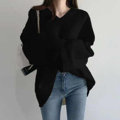 White Knitted Sweaters Women Autumn Winter Pullovers Female Korean Fashion Long Sleeve Knitwear Tops Elegant Loose V-Neck Jumper