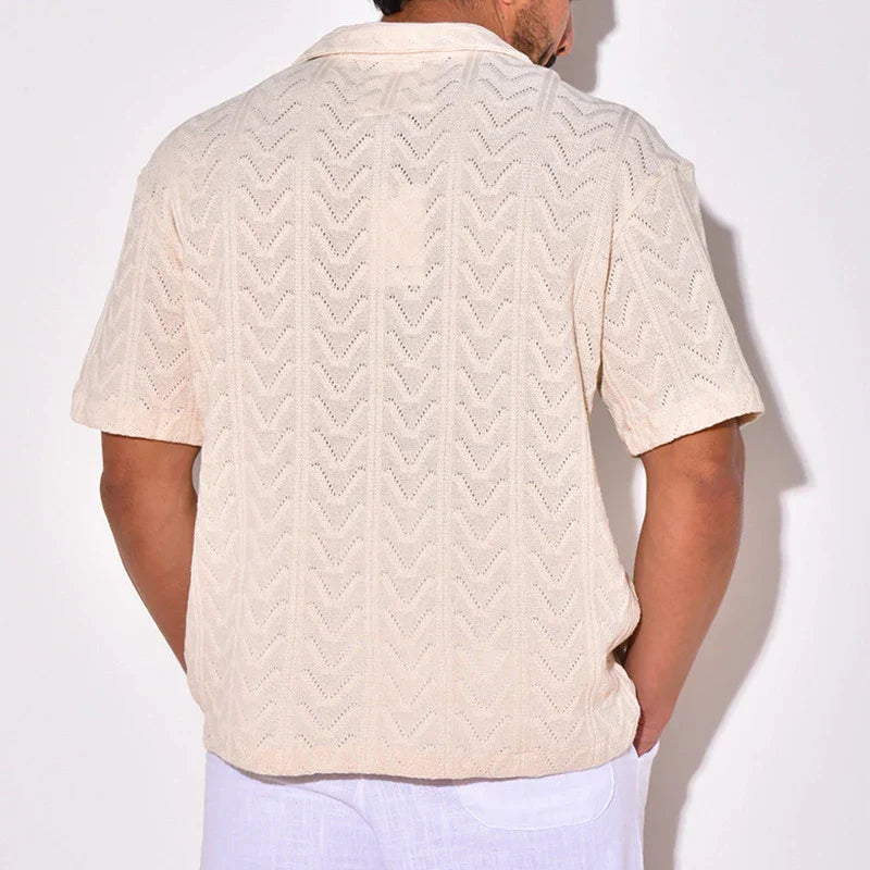 maoxiangshop Summer Trendy Breathable Knit Mens Shirt Short Sleeve Lapel Buttoned Knitted Tops Beach Style Vintage Jacquard Crochet Knitwear