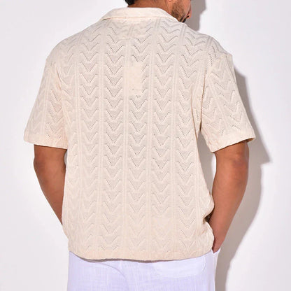 maoxiangshop Summer Trendy Breathable Knit Mens Shirt Short Sleeve Lapel Buttoned Knitted Tops Beach Style Vintage Jacquard Crochet Knitwear