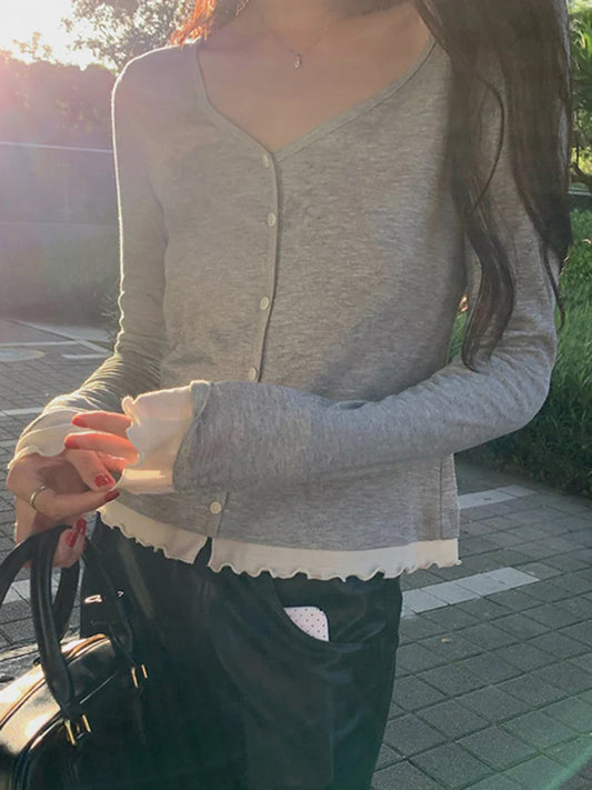 maoxiangshop  -  Contrast Fungus Trim Long Sleeve Autumn V Neck Single Breasted Slim Tops T-shirts Women Korean Fashion Simple T-shirts 2024 New