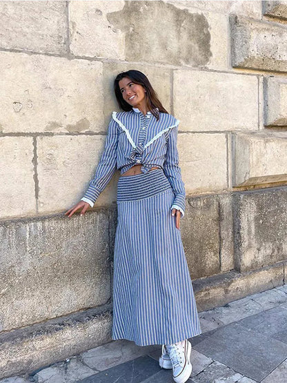 maoxiangshop  -  Fashion Striped Print Skirt Set For Women Ruffles Round Neck Long Sleeves 2 Pieces Sets Spring Summer Cute Street Lady Outfit
