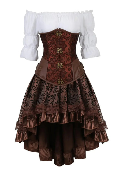 maoxiangshop  -  Leather Corset Plus Size 3 Piece Outfits for Women Steampunk Steel Boned Bustier Underbust Skirt Blouse Set Pirate Rave Costume