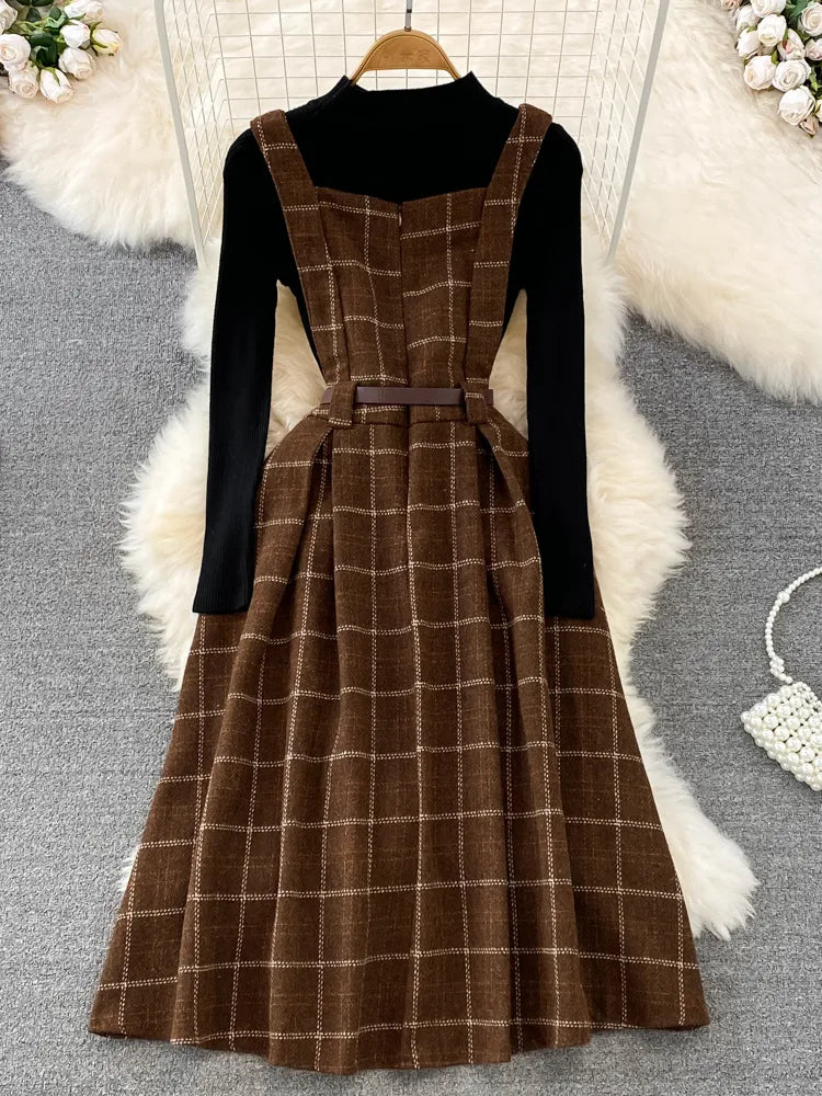 High Quality Fall Winter Women Sweater Overalls Dress Sets Casual Knitted Tops +Plaid Woolen Dress 2 Piece Sets Outfits Female