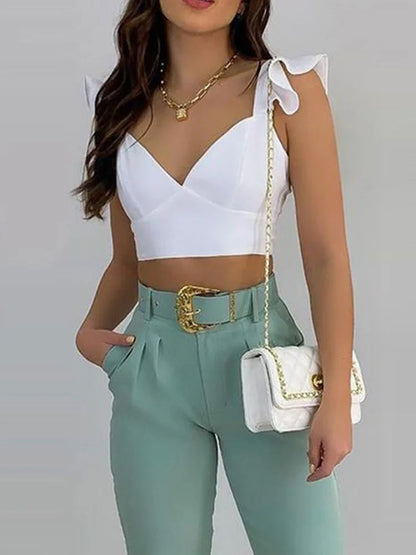 maoxiangshop Solid Ruffles Backless Knotted Crop Tops & Pocket Design Belted Pants Set Casual Women Two Piece Set Outfits