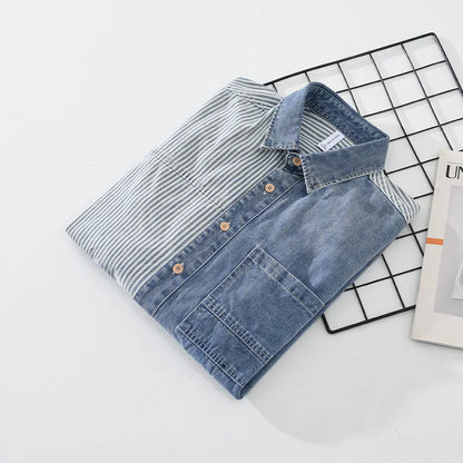 maoxiangshop New Men's Denim Shirts Spring High Street Loose Long Sleeves Jean Tops Stripe Patchwork Designer Shirt Youth Fashion Overshirt