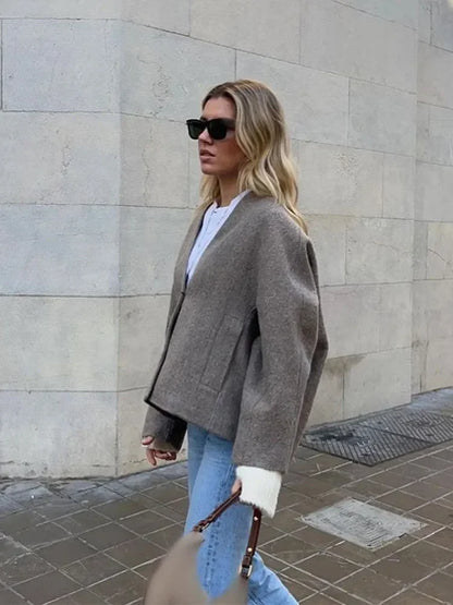 maoxiangshop  -  Warm Button Pockets V Neck Crop Jacket For Women Casual Solid Long Sleeves Short Coat 2024 New Autumn Lady Office Outerwear