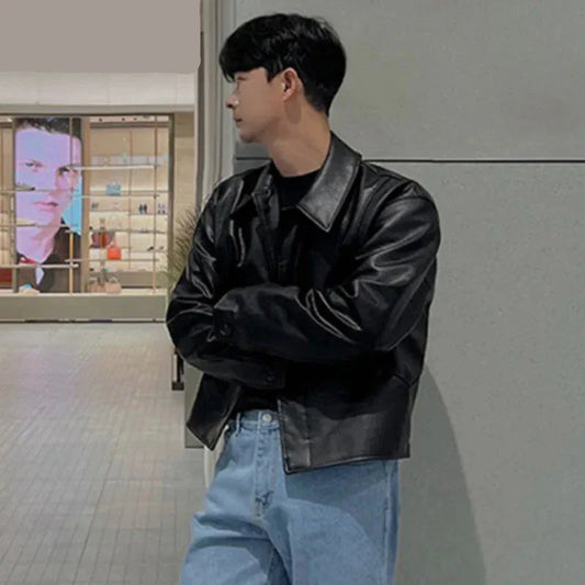 maoxiangshop Short Motorcycle Pu Leather Coat Trend Men's Autumn New Korean Style High End Lapel Loose Jacket Fashion Streetwear