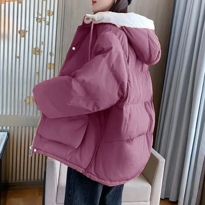 maoxiangshop Hooded Women Jacket Winter Korean Warm Female Cold Coat Pocket Solid Parkas Padding Long Sleeve Thick New in Outerwears