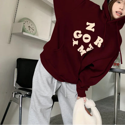 maoxiangshop Korean Autumn Winter Letter Print Hoodie Women Casual Long Sleeve Pullover Tops Hood Shirt Harajuku Oversize Sweatshirt Y2k 후드티