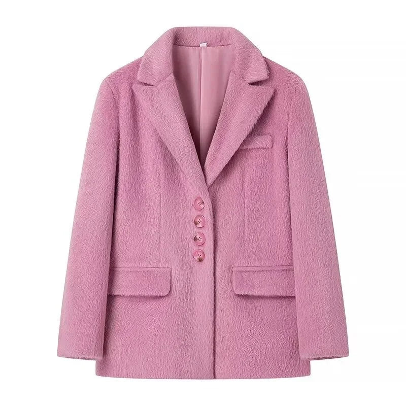 maoxiangshop  -  New Women's Collar Plush Jacket Elegant Loose Chic Coat Winter Thicken Fashion Office Ladies Warm Button Plush Jacket