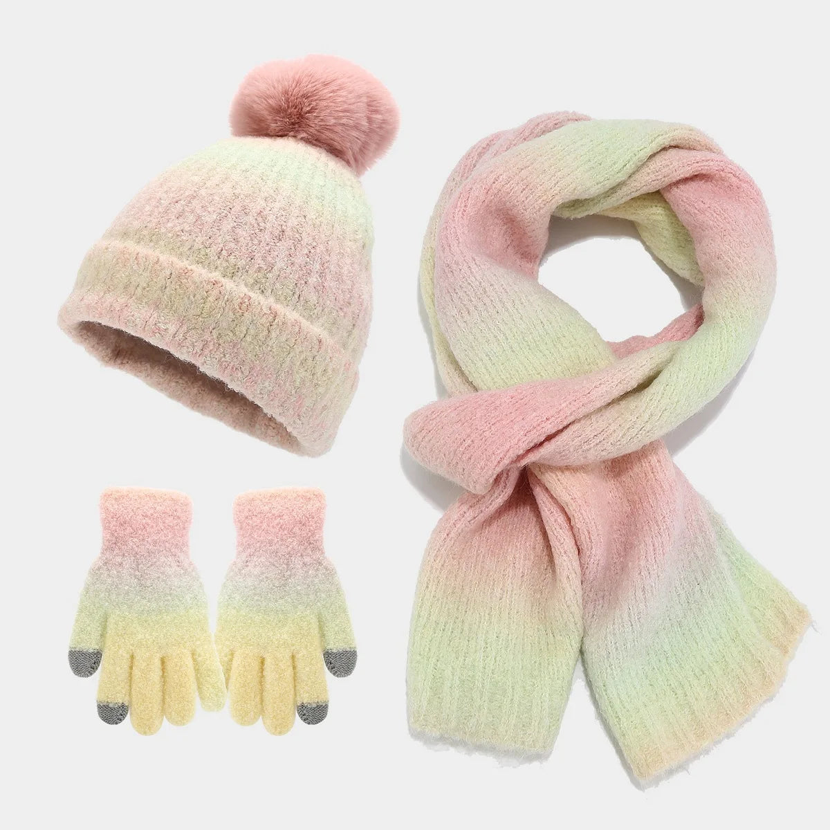 maoxiangshop  -  Winter Pompom Hat Scarf Glove Sets Tie-Dyed Knitted Beanies Plush Lining Thicken Bonnet Touch Screen Gloves Windproof Skiing Cap