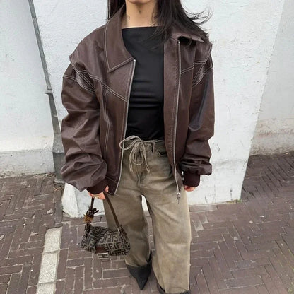 maoxiangshop  -  Chic Wine Red Leather Contrast Stitch Jacket Fashion Oversized Zipper Long Sleeve Women Coat 2024 Autumn Casual Office Outerwear