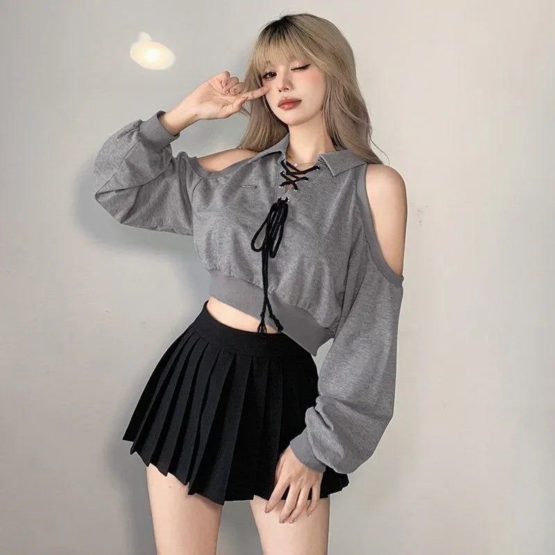 Deeptown Y2K Vintage Gray Cropped Hoodies Women Harajuku Sexy Off Shoulder Sweatshirts Korean Loose Casual Chic Tops Gothic Kpop