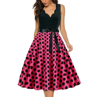 maoxiangshop Womens Retro Summer Dresses Robe Vintage Pinup 1950s 60s Rockabilly Sexy V-Neck Polka Dot Print Party Dress Vestido S-3XL