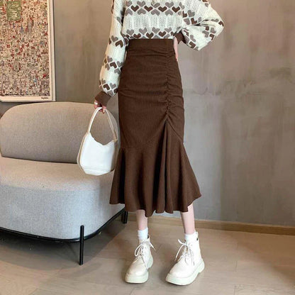 maoxiangshop Fashion High Waist Midi Skirts for Women Spring Slim Fit  Hip Mermaid Skirt Woman Korean Ruffles Brown Skirts 2XL