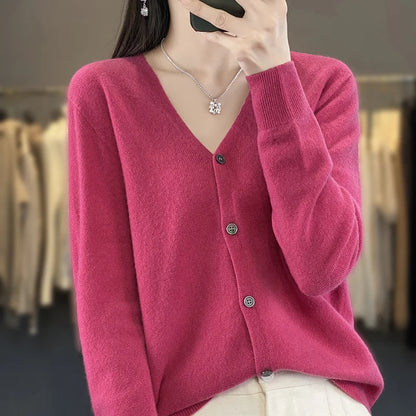 maoxiangshop New Fashion Spring Autumn 100% Merino Wool Women's V-neck Cardigan Cashmere Sweater 2024 Female Knitwear Clothing Korean Tops