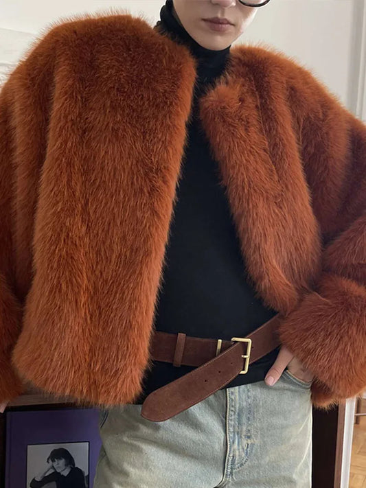 maoxiangshop  -  Elegant Faux Fur Women Coat Thicken Full Sleeve O Neck Lady Short Jacket 2024 Autumn Winter Warm Highstreet Female Outwear