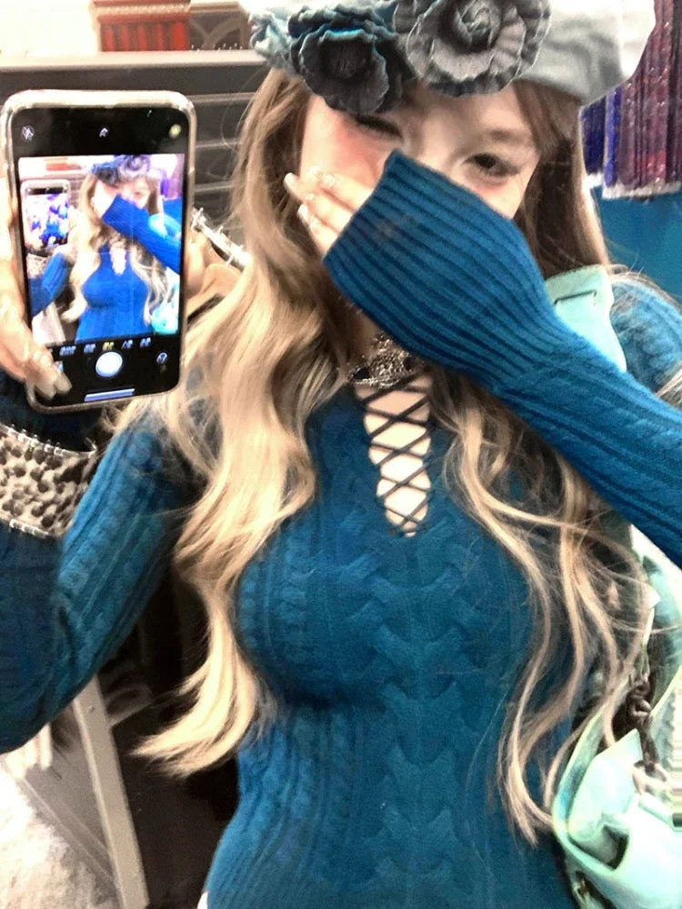 maoxiangshop  -  Y2k Criss-Cross Hollow Out Knitwear Slim Fit Long Sleeve Ribbed Sweater Women Autumn Winter Underwear Clothes Sexy Girl