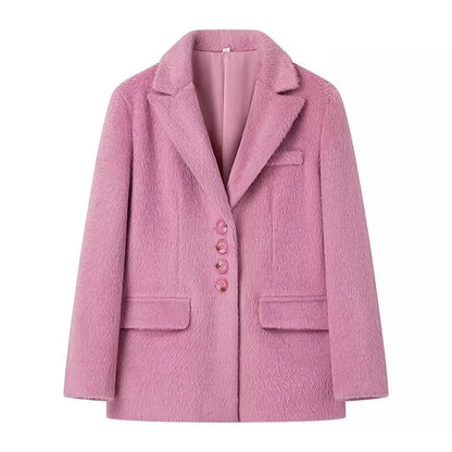 maoxiangshop  -  New Women's Collar Plush Jacket Elegant Loose Chic Coat Winter Thicken Fashion Office Ladies Warm Button Plush Jacket