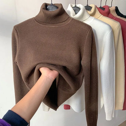 maoxiangshop Turtleneck Winter Sweater Women Elegant Thicken Velvet Lined Warm Sueter Knitted Pullover Slim Tops Jersey Knitwear Jumper New