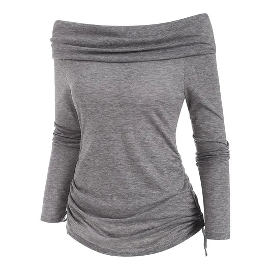 maoxiangshop Early Autumn Ruched Off The Shoulder Tops Slim Tee Off Shoulder Tops Women Off The Shoulder T-Shirts