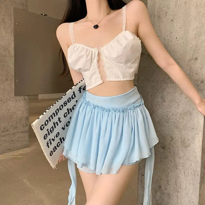 maoxiangshop Ruffle Mini Skirt Women Chiffon Patchwork Ribbon Blue High Waist Fairycore Tulle Skirt Shorts Cute Sexy Skort Summer