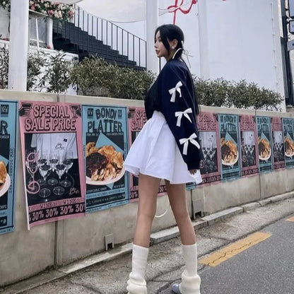 maoxiangshop  -  Korean Style Bow Design Sweatshirt Top Women Autumn New Casual Loose 2024 Fashion Long Sleeved Round Neck Suit K Pop Clothes