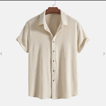 maoxiangshop Summer Men's Short Sleeve Solid Color Single breasted Casual Loose Beach Shirt