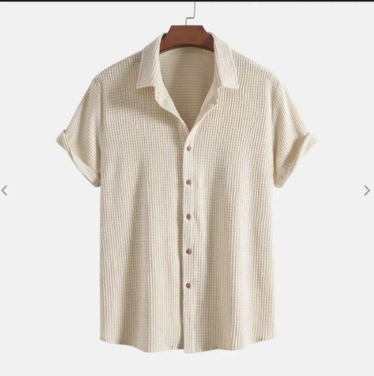 maoxiangshop Summer Men's Short Sleeve Solid Color Single breasted Casual Loose Beach Shirt