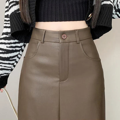 maoxiangshop Vintage Coffee Black Long Skirt for Women Casual Back Split Pu Leather Skirts Ladies Autumn Winter High Waist A-Line Skirt