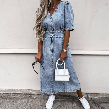 maoxiangshop Women Sexy Button V Neck Washing Denim Dress Casual Summer Short Sleeve Long Dress Spring Vintage Fashion Jean Party Dress