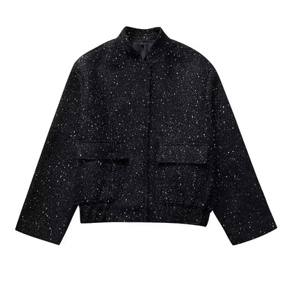 maoxiangshop  -  Women's Sequined Bomber Jacket Fall O Neck Long Sleeve Pocket Stretch Hem Sequins Jacket Coat Female Chic Outerwear